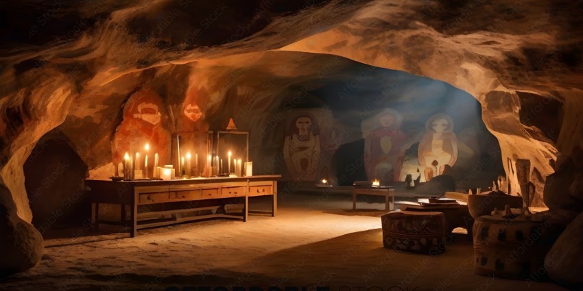 A dark, rocky cave with lit candles and carvings