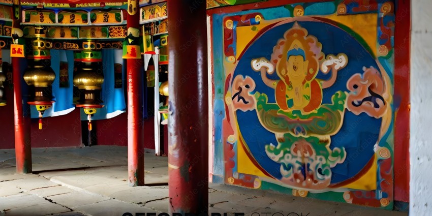 Colorful wall with a painting of a Buddha