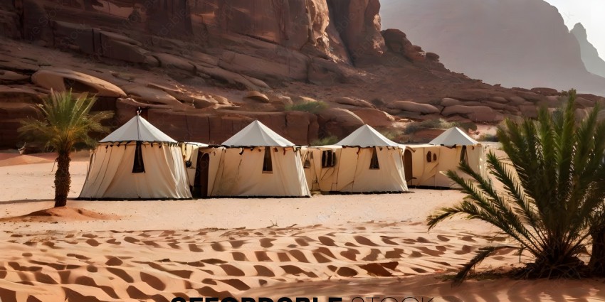 Tents in the desert with mountains in the background