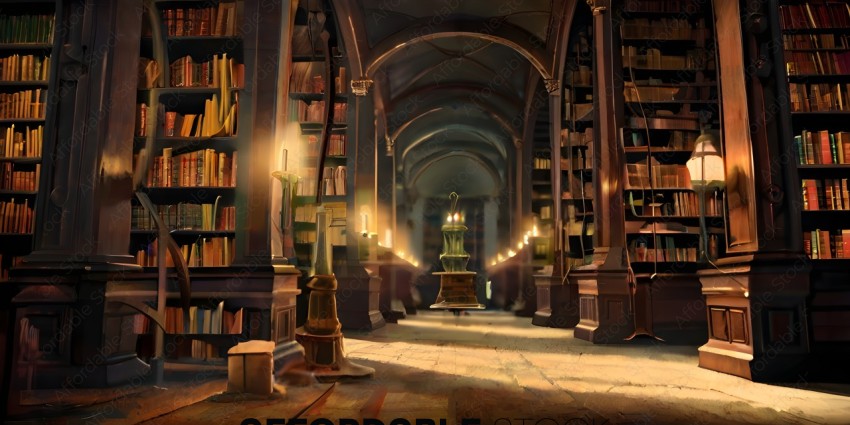 A library with a large vaulted ceiling and many bookshelves