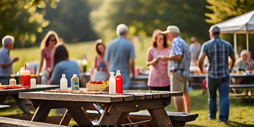 A picnic table with a variety of foods and drinks