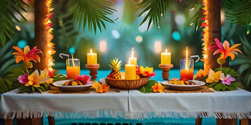 A tropical table setting with candles and fruit