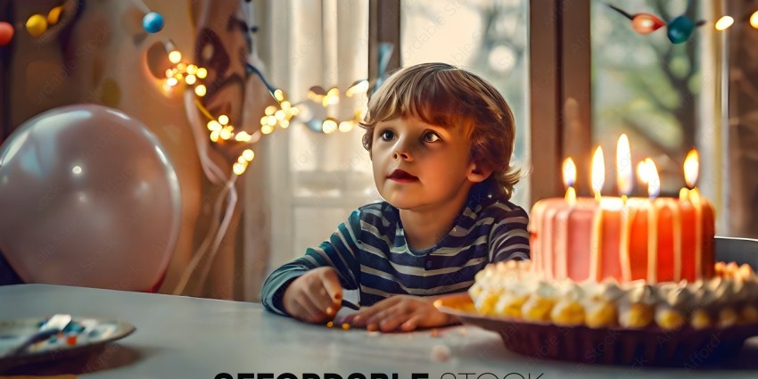 A young boy looking at a birthday cake