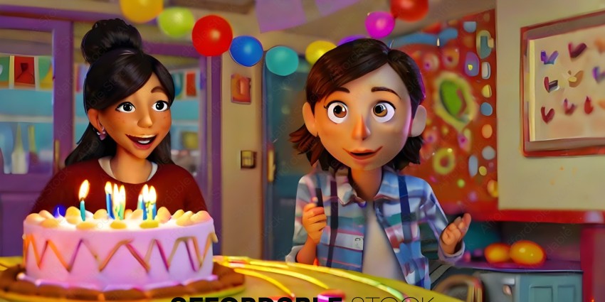 Two children are looking at a birthday cake