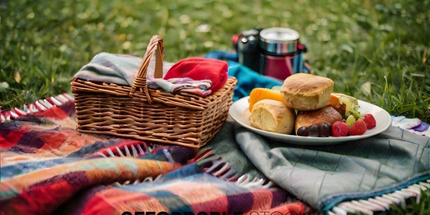 A picnic with a basket of bread, fruit, and a camera