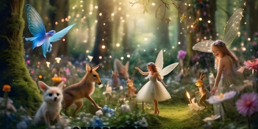 A fairy and a deer in a garden