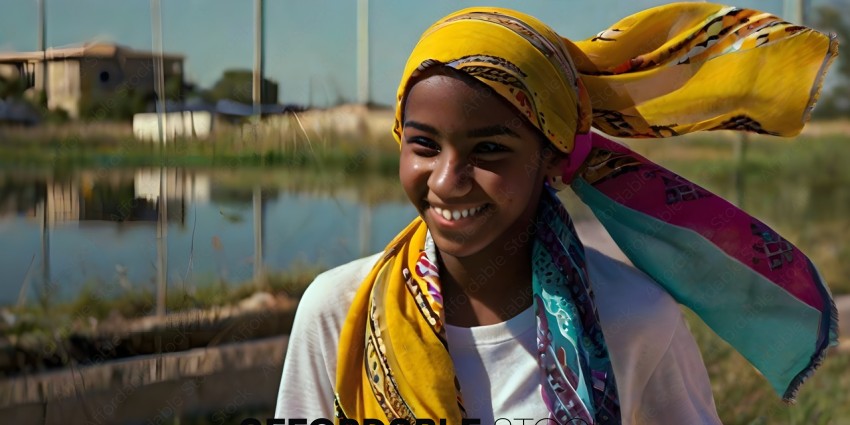A young girl wearing a yellow headscarf and a colorful scarf