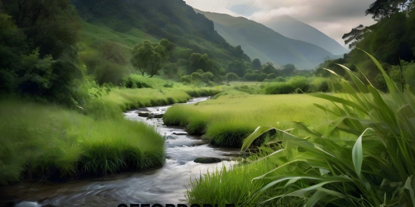 A serene landscape with a stream and a mountain in the background