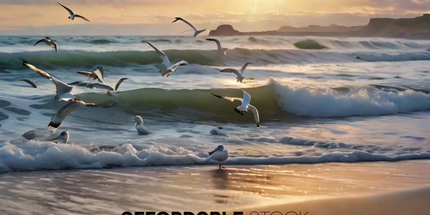 Birds flying over a wave