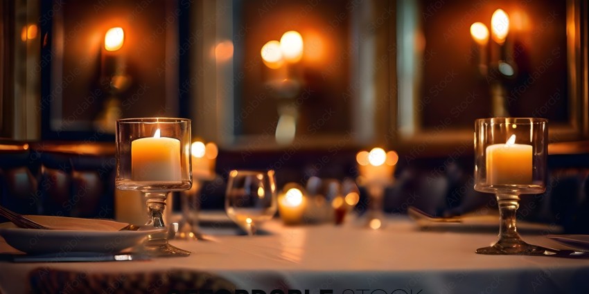 Candlelit dinner table setting with wine glasses and candles