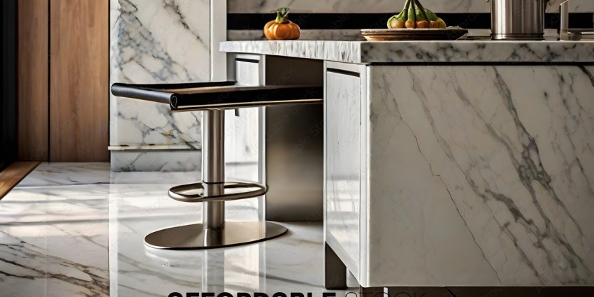 A modern kitchen with a black bar stool and a white marble counter