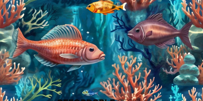 A colorful aquarium scene with fish and coral