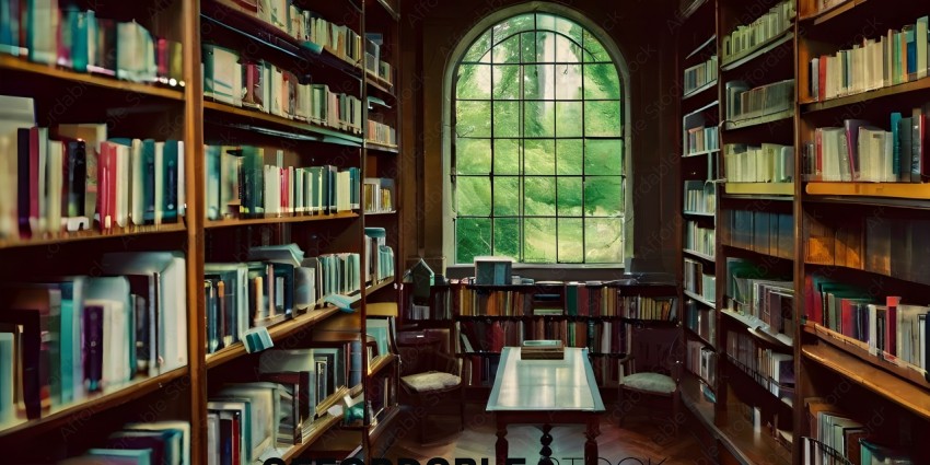 A library with a large window and many books