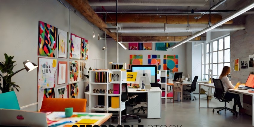 Office with colorful artwork and white desks