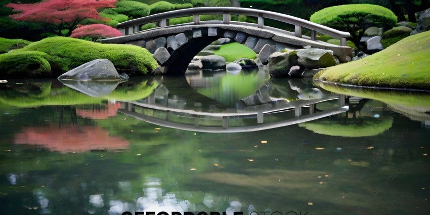 A bridge over a pond with a reflection of the bridge in the water