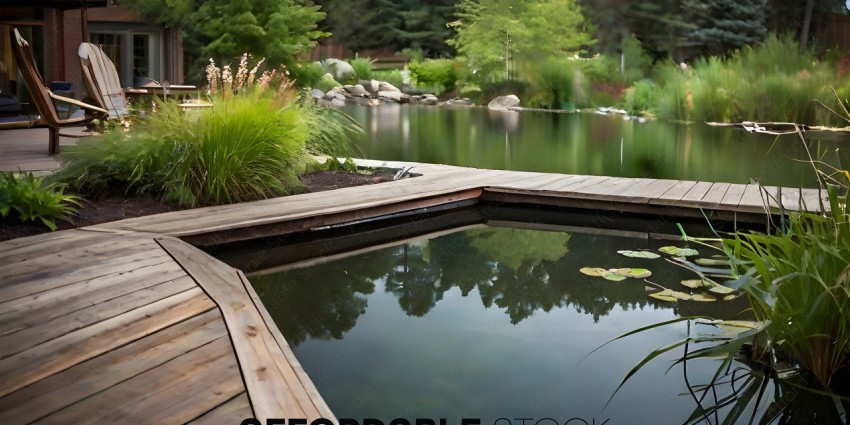 A serene pond with a wooden deck and plants