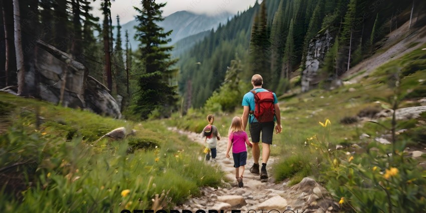 A family of three hiking in the woods