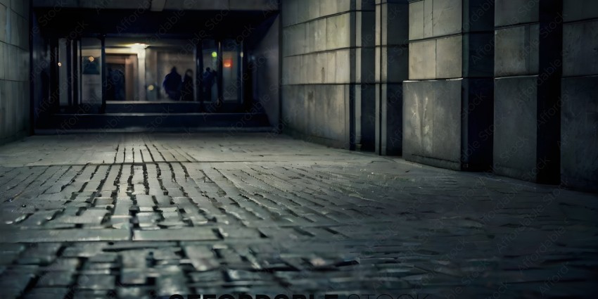A dark alleyway with a brick floor