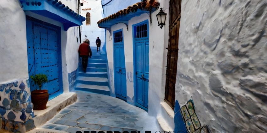 A narrow alleyway with blue doors and a red-haired man walking up the stairs