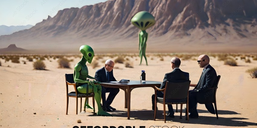 Three men sit at a table with aliens