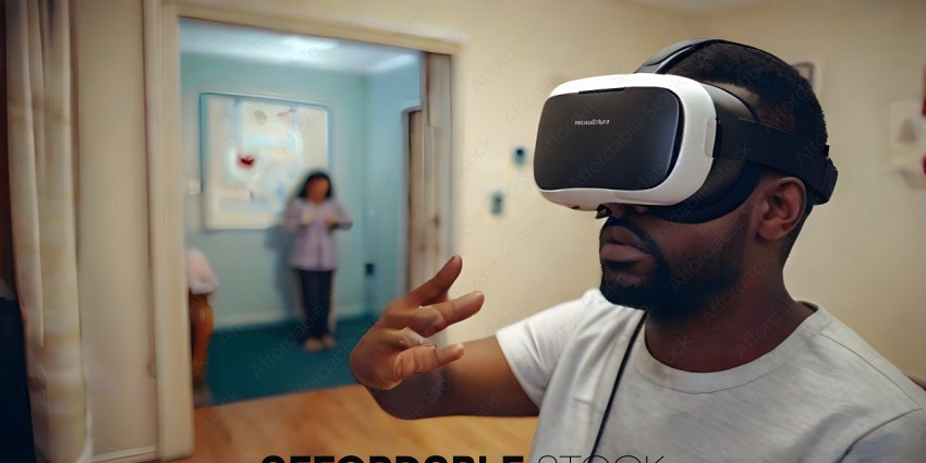 A man wearing a white shirt is playing a virtual reality game