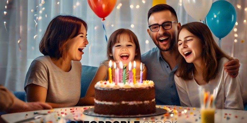 A family of four celebrating a birthday with a chocolate cake