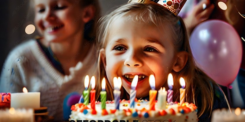 A little girl smiles as she blows out candles on a birthday cake