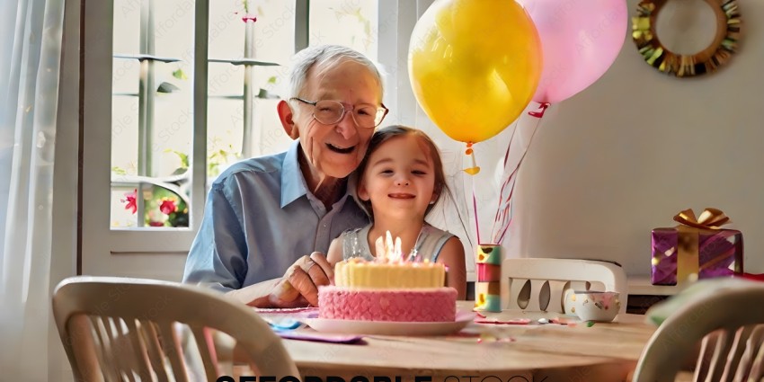 Older man and young girl celebrating birthday with cake and balloons