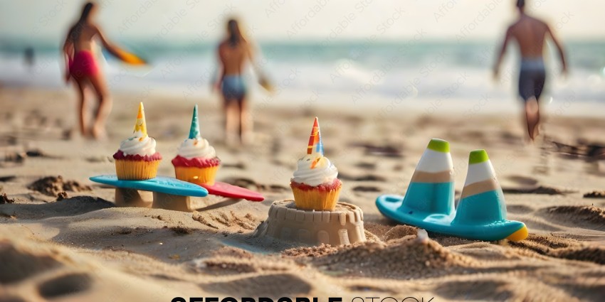 A sand castle with cupcakes on top
