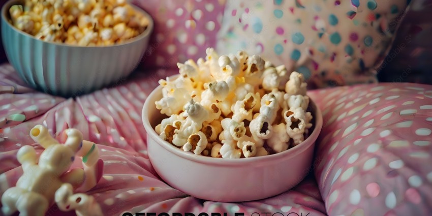 A bowl of popcorn with a polka dot blanket