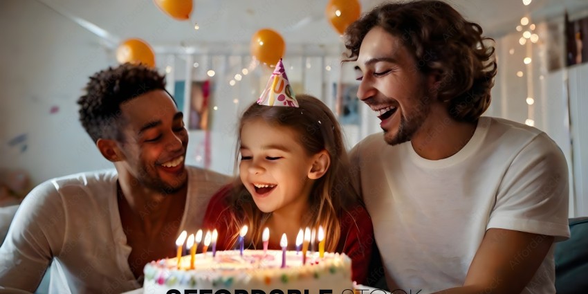 Three people are smiling and looking at a birthday cake