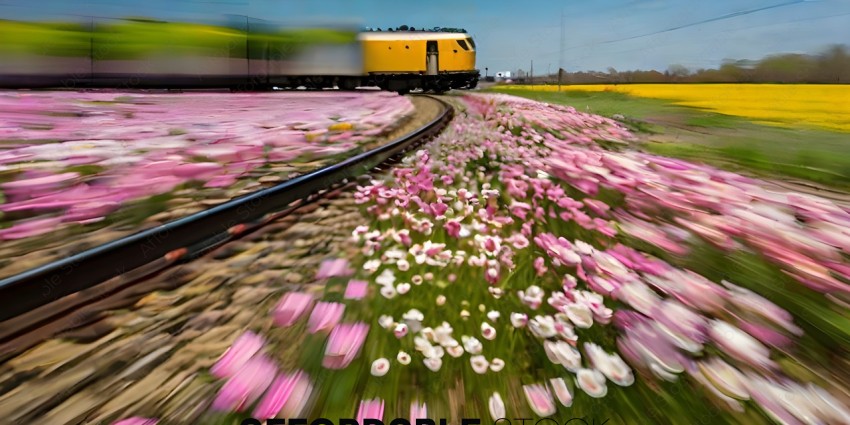 A yellow train travels through a field of pink flowers