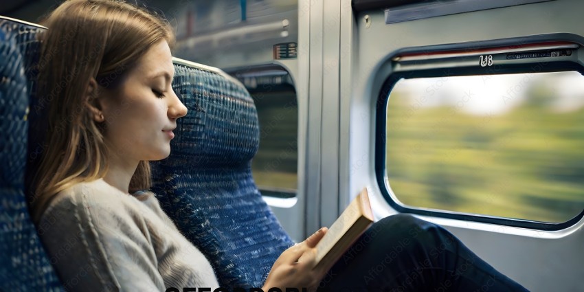 A woman reading a book on a train