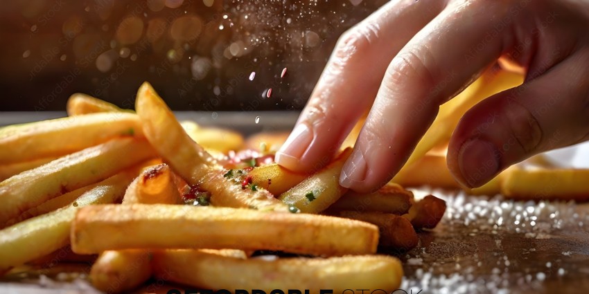 A person is holding a french fry with a sprinkle of seasoning on it