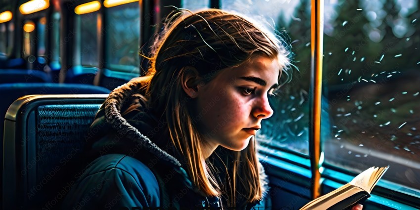 A young girl with long hair and a green jacket looking out the window