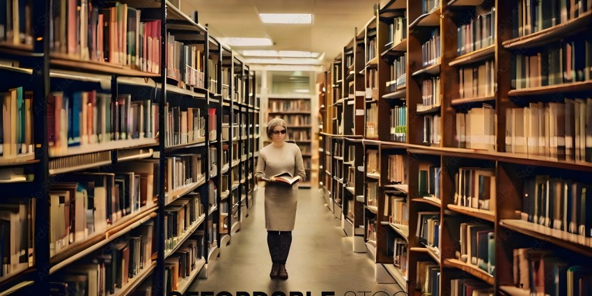Woman in a library reading a book
