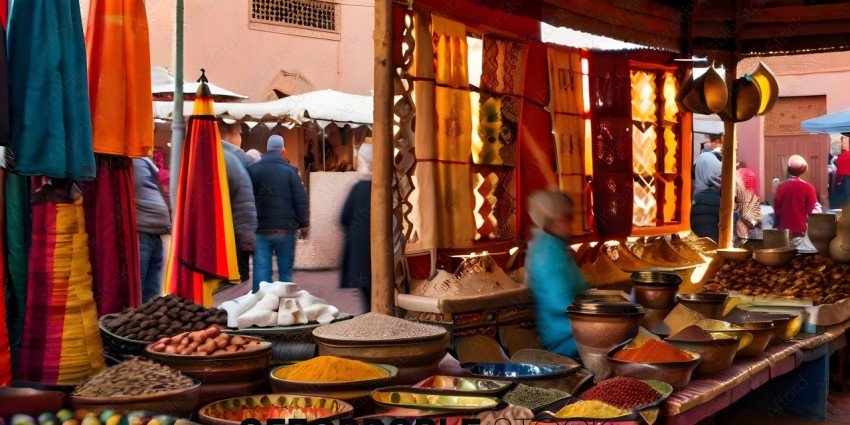 A woman in a blue shirt is standing in front of a stall selling spices