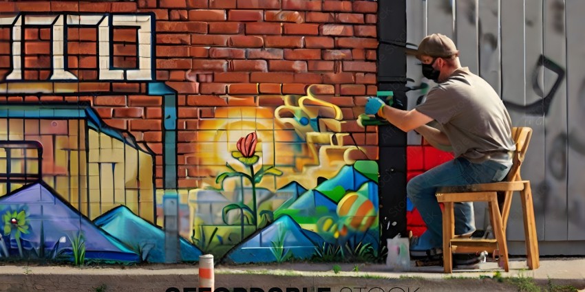 Man painting a mural of a flower on a brick wall