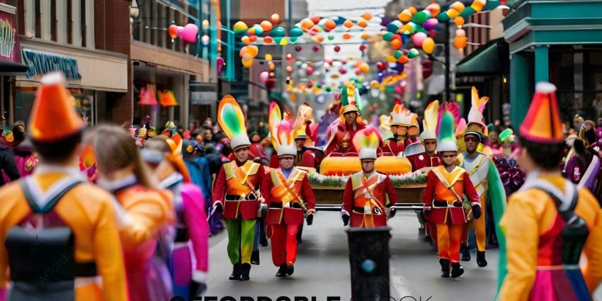 Colorful Parade with Men in Uniforms and Floats