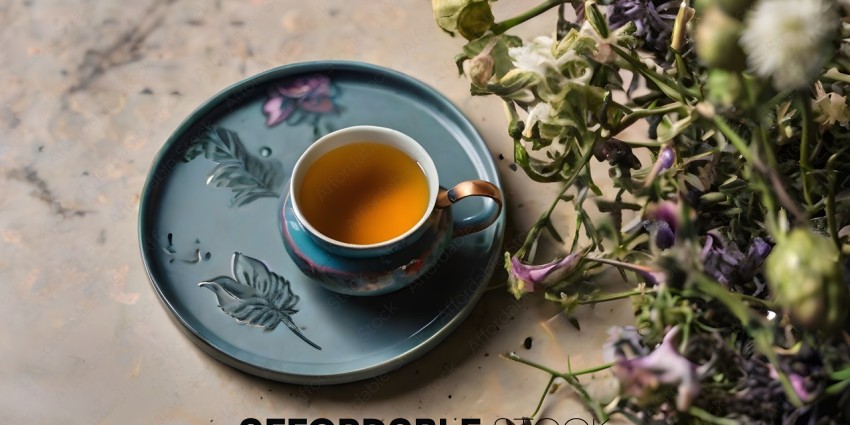 A cup of tea with a blue and pink floral plate