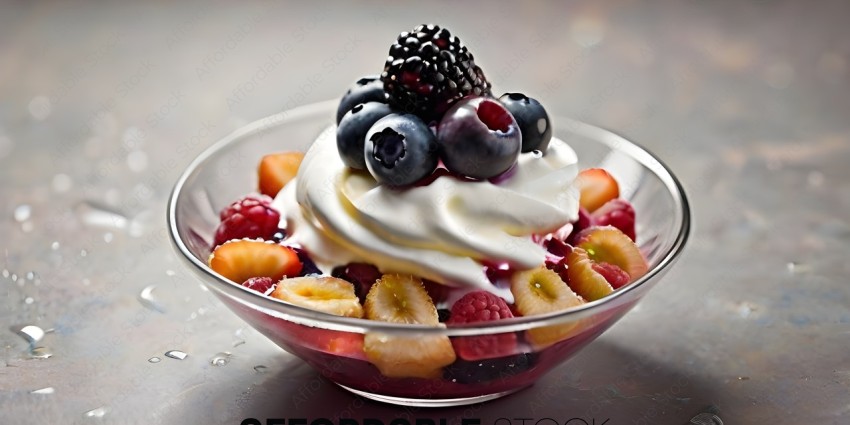 A bowl of fruit with whipped cream