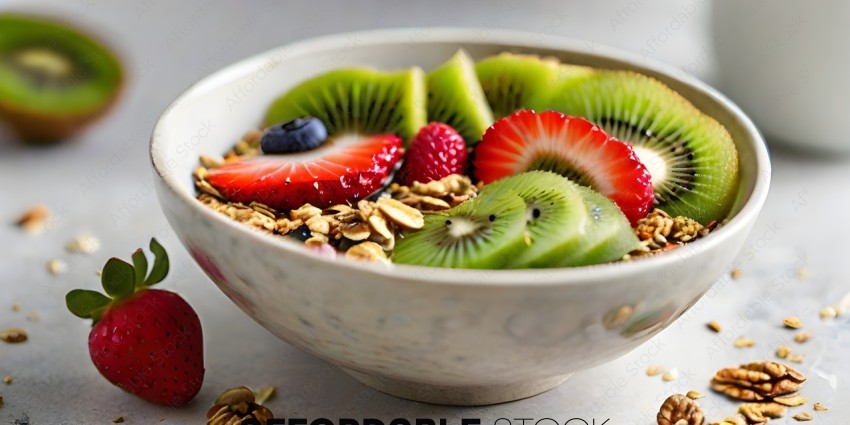 A bowl of fruit with kiwi, strawberries, blueberries, and pineapple