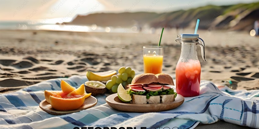 A sandwich, grapes, and a drink on a blanket at the beach