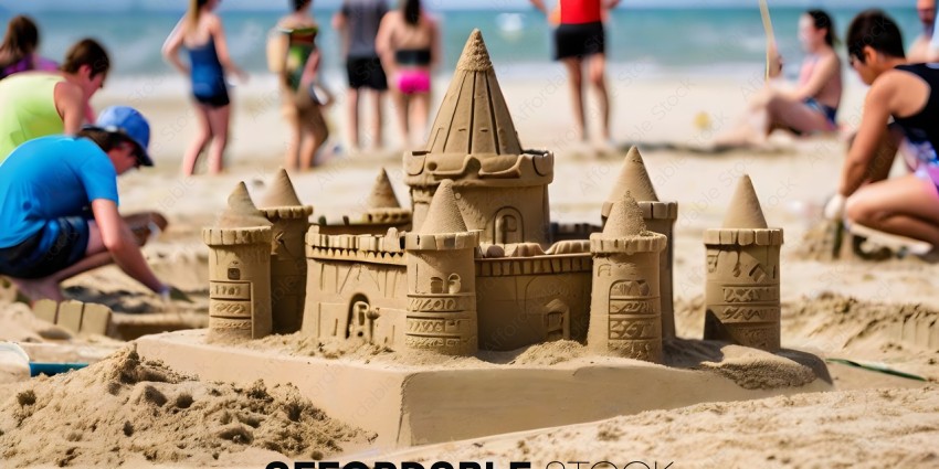Sand castle with turrets and moat