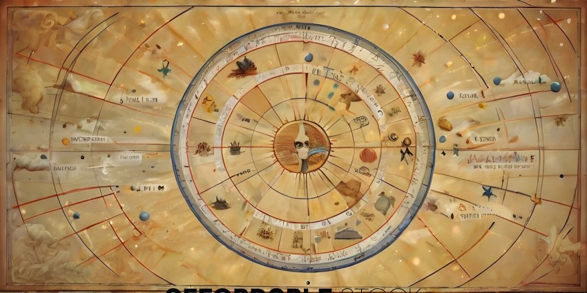 A circle with a sun in the middle and various symbols and pictures around it