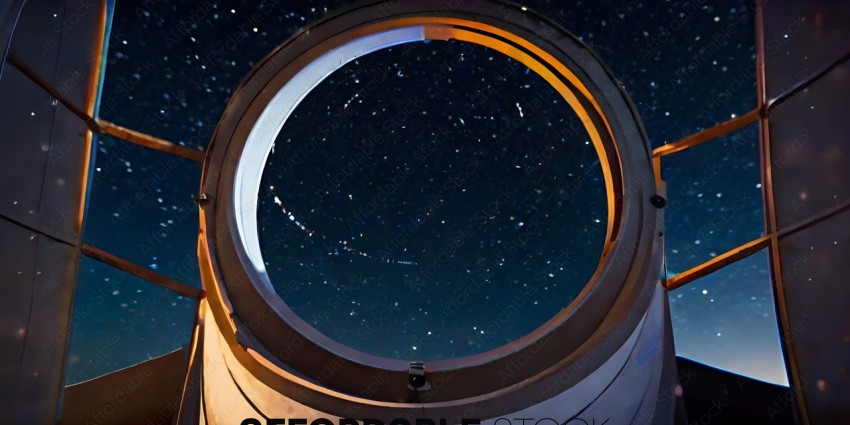 A view of the night sky through a round window
