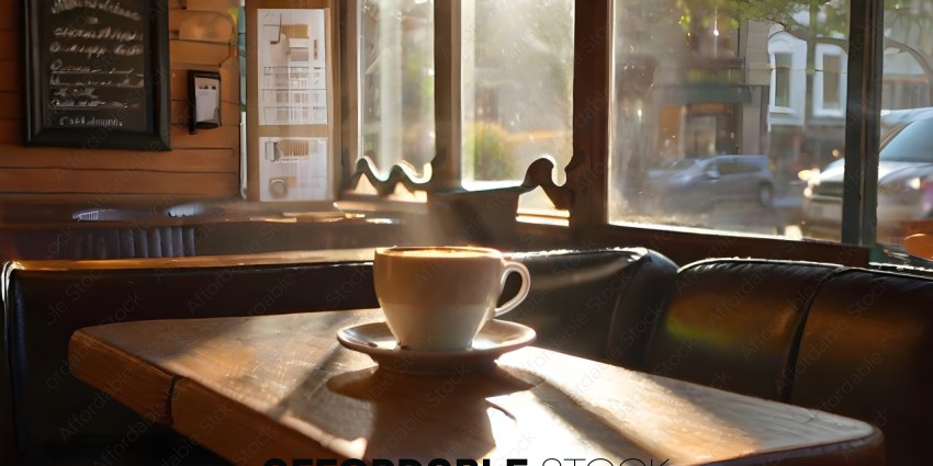A cup of coffee on a table in front of a window