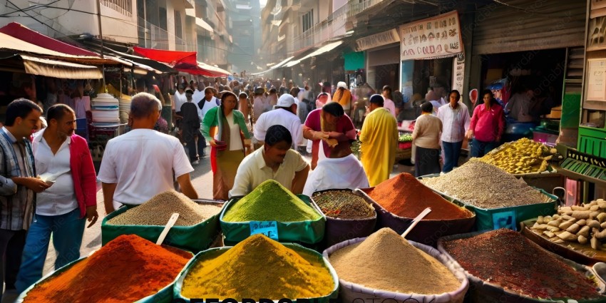 A busy market with many people and spices