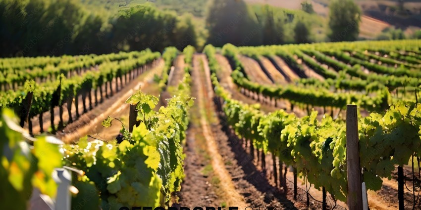Vineyards with green leaves and brown dirt