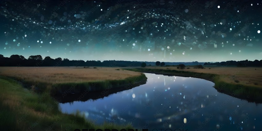 A night scene of a river with stars